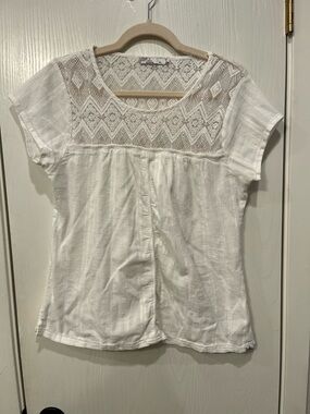 Prana White Lace Kora Shirt Top Blouse XL Fits Like Large Organic Cotton Boho